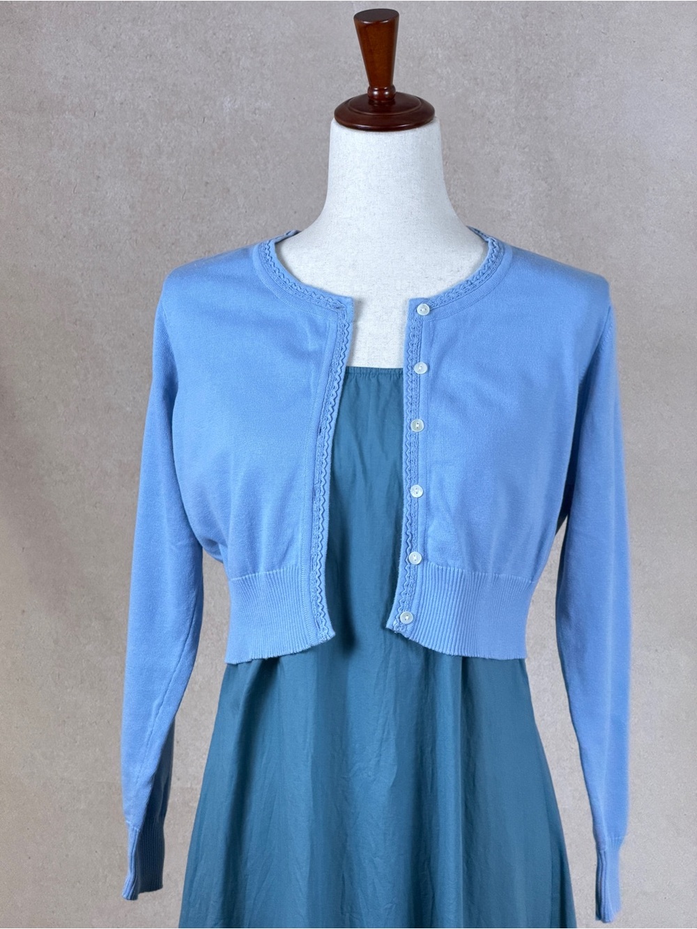 Sky Blue Cropped Knit Cabled Trim Cotton Cardigan, NWOT